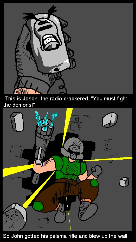 Doom Repercussions Of Evil — Comic panels showing Doom character receiving instructions and awkwardly attacking demons.