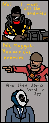 Doom Repercussions Of Evil — Colored comic panels adapting the fanfiction to Team Fortress 2 characters with enemy reveal twist.