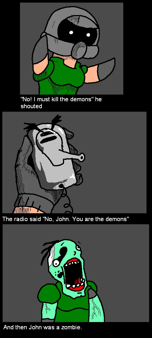 Doom Repercussions Of Evil — Comic panel showing the twist revelation 'You are the demons' leading to 'And then John was a zombie.'