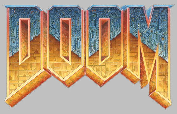The DOOM video game logo in red and blue metallic lettering