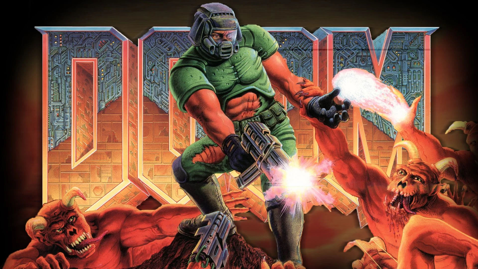 Doomguy in green armor firing a rifle at red horned demons with the DOOM logo behind him