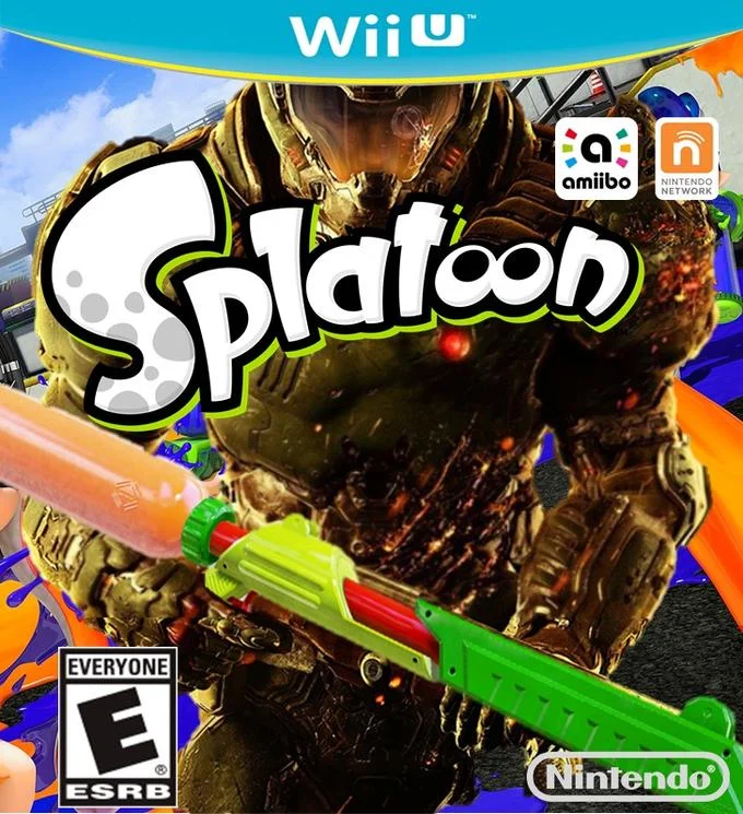 Fake Splatoon Wii U cover featuring the DOOM Slayer with paint splatters