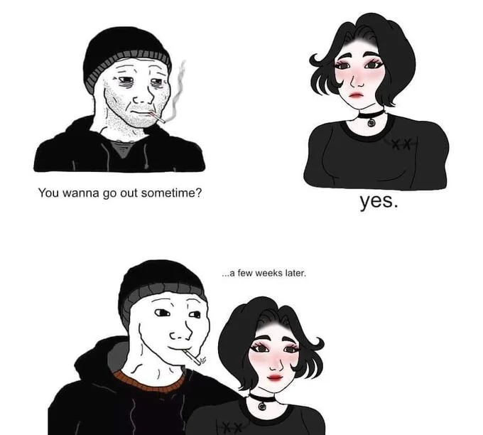 Doomer Thought Chains — Four-panel comic showing Doomer asking Doomer Girl out, her saying yes, then revealing anxious reality weeks later.