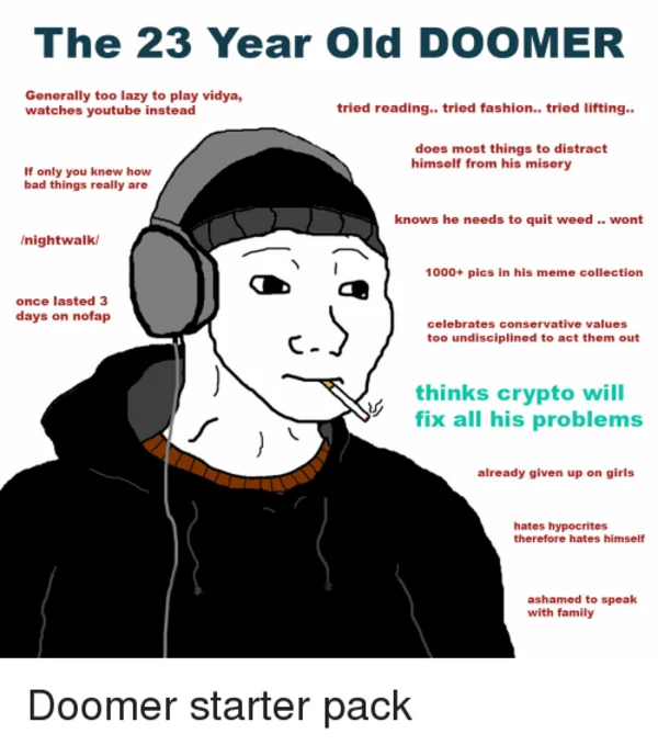 Detailed labeled Doomer character template cataloging gaming addiction, failed improvement, substance use, isolation.