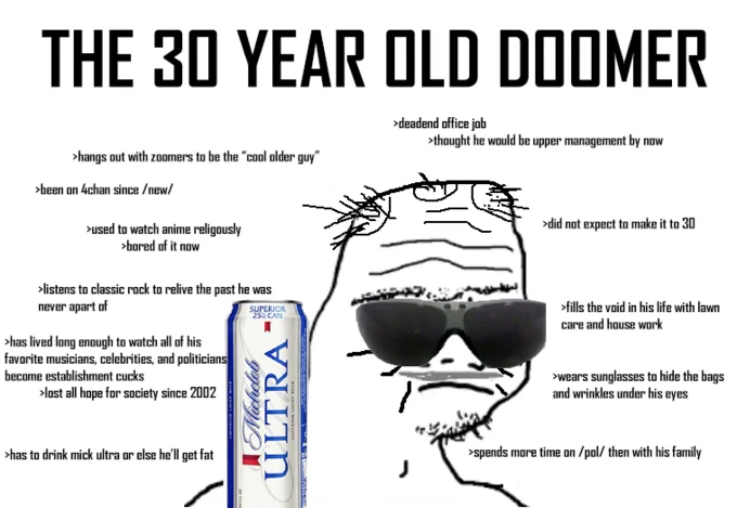 Labeled Doomer template spanning late 20s-early 30s showing substance abuse, gaming, and resignation.