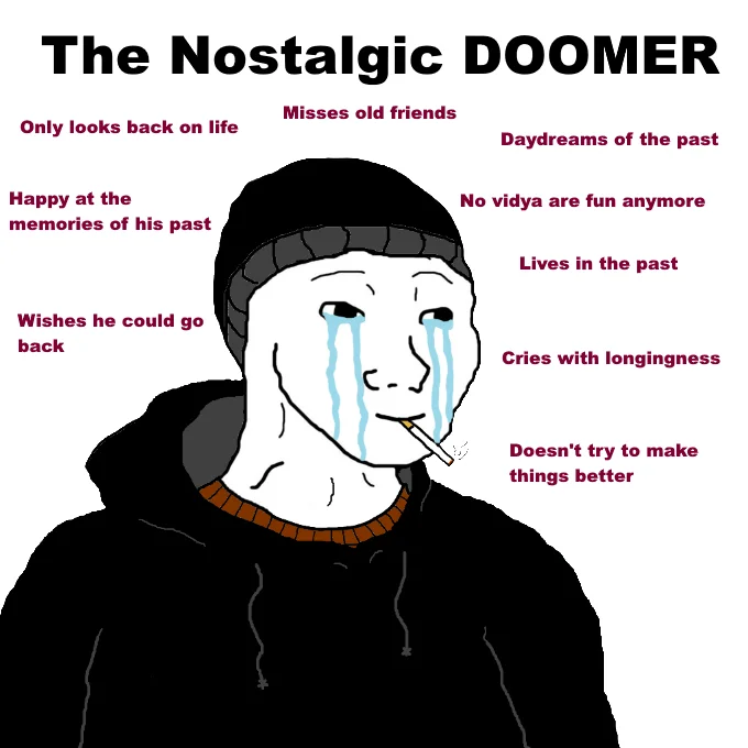 Nostalgic Doomer character with heavy tears and melancholic expression surrounded by descriptive text labels.