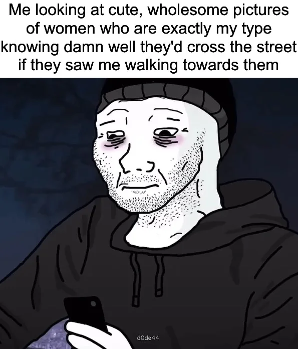 Doomer wojak character in black hoodie expressing anxiety about approaching women he finds attractive.