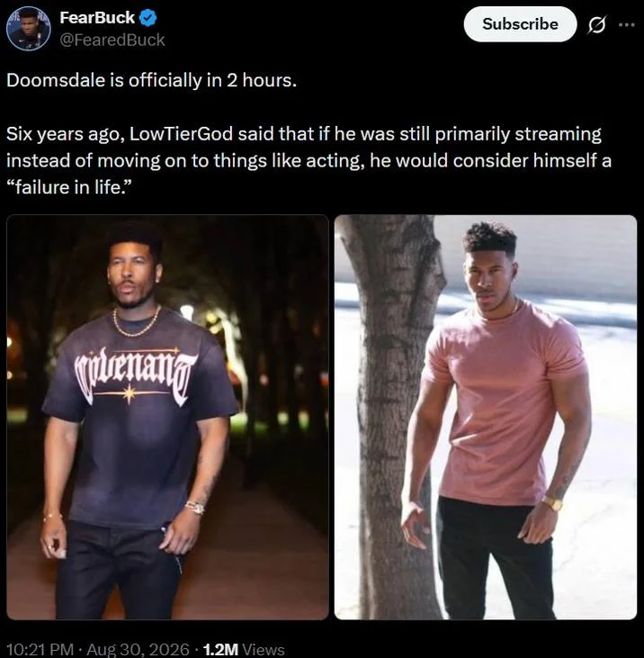 Tweet from FearBuck announcing Doomsdale is in 2 hours and quoting LowTierGod, next to two photos of him.