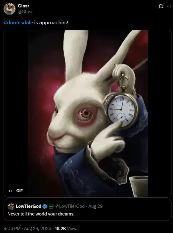 Tweet reading '#doomsdale is approaching' showing a dark illustration of the White Rabbit with a pocket watch, quoting a LowTierGod tweet.
