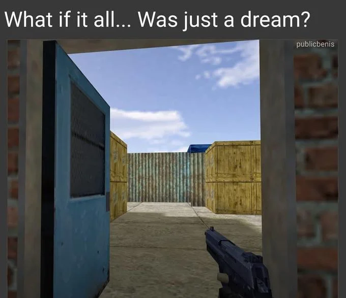Cartoon illustration of the Counter-Strike door stuck scene