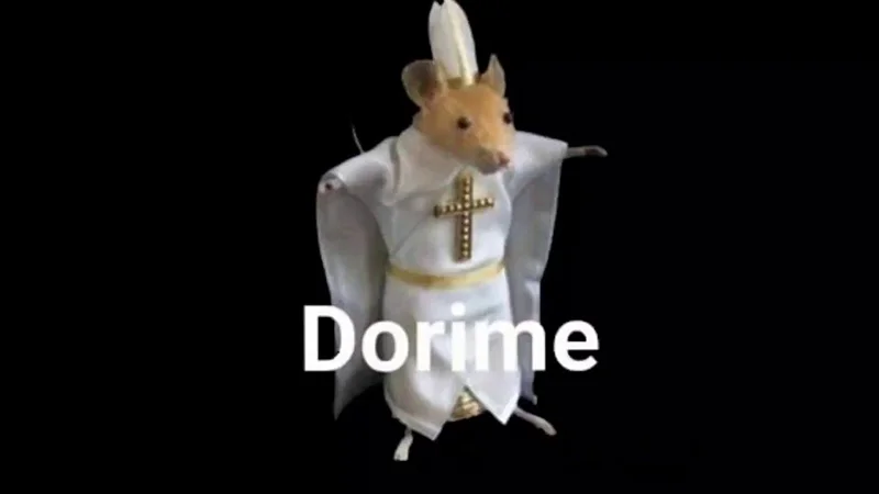Dorime Rat — Taxidermy mouse dressed as the Pope with 'Dorime' text overlay on black background