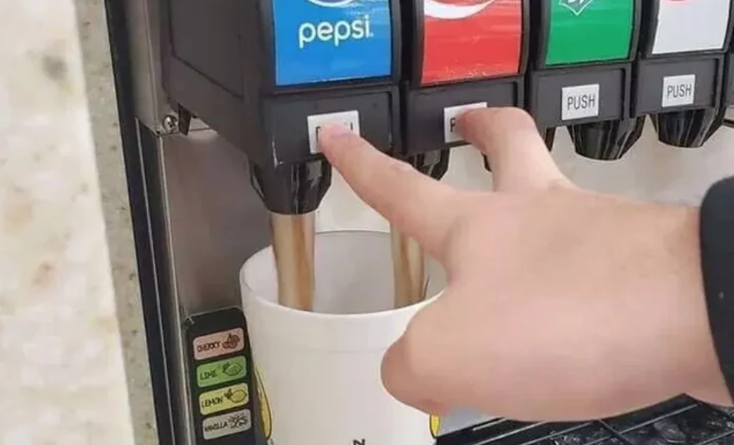 Double Soda Pour — Hand pressing two soda fountain buttons at once, mixing Pepsi and Coca-Cola into one cup.