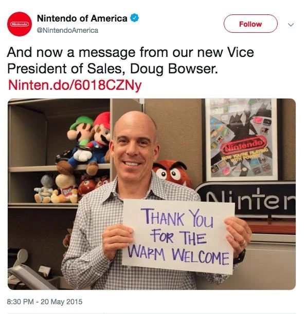 Nintendo of America tweet introducing Doug Bowser as new VP of Sales
