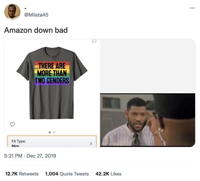Twitter screenshot with 'Amazon down bad' caption paired with controversial product and reaction image.