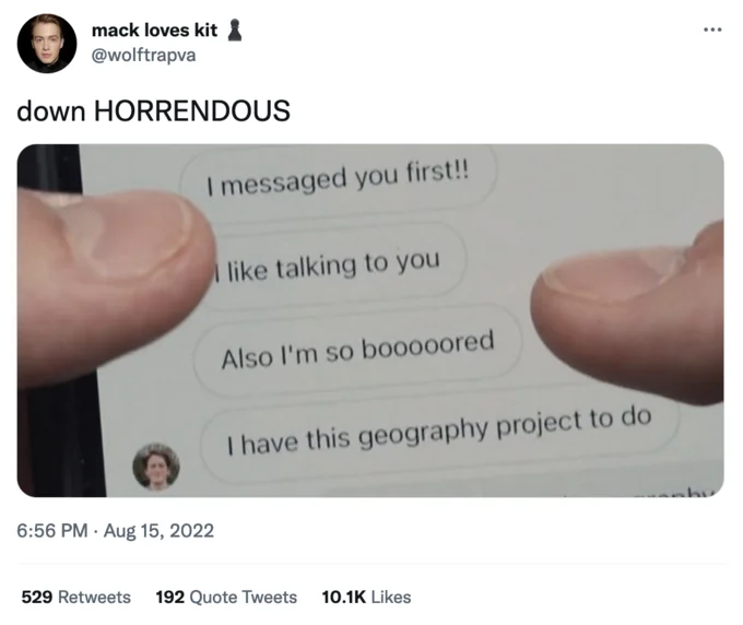 Down Bad — Twitter screenshot displaying messaging app conversation bubbles as meme format.