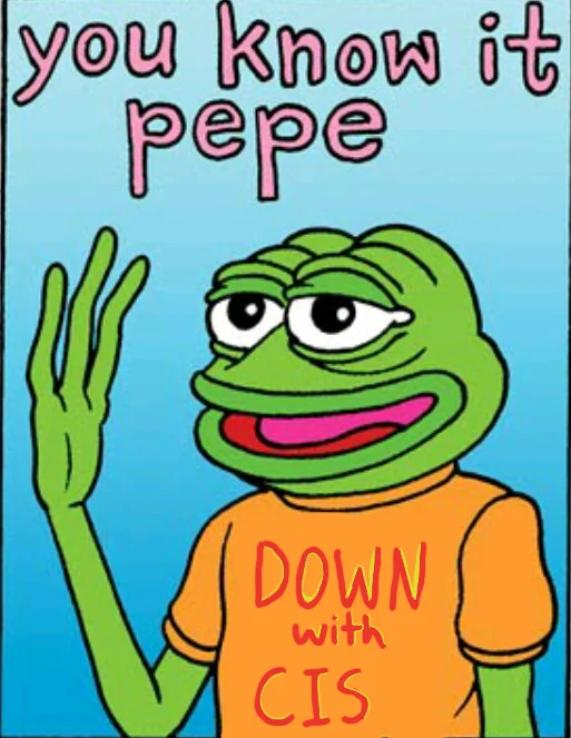 Pepe the Frog in an orange shirt reading 'Down with Cis' and the caption 'you know it pepe'