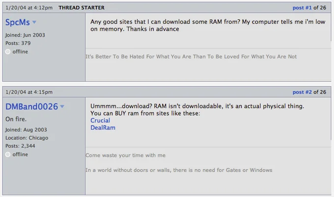 Download More Ram — 2004 forum thread asking where to download RAM with a reply saying RAM must be bought