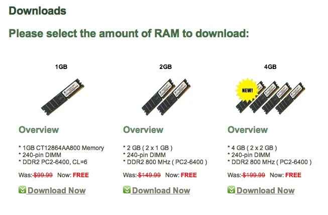 Download More Ram — Parody webpage offering downloadable RAM in 1GB, 2GB, and 4GB sizes for free