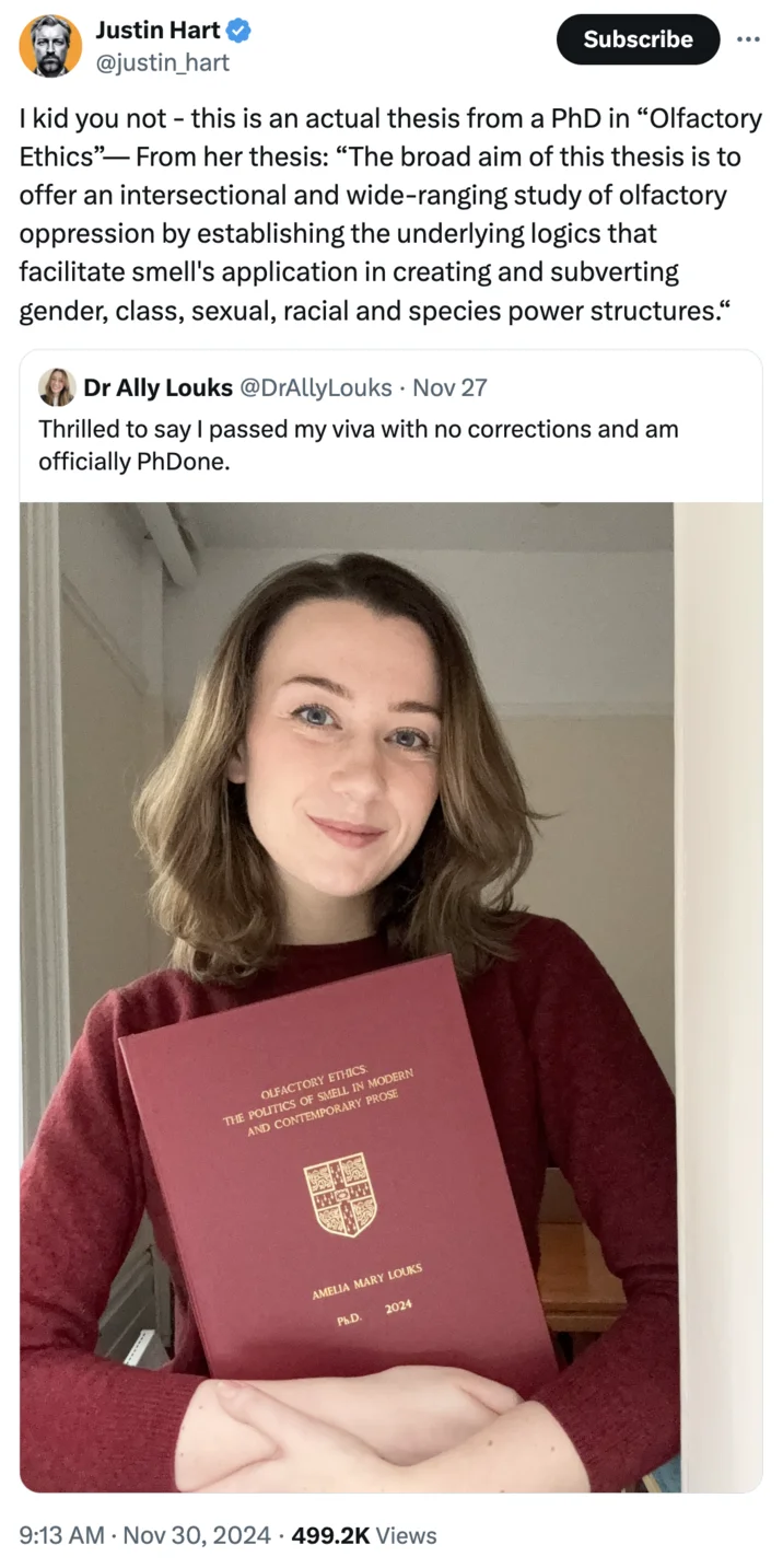 Dr Ally Louks Olfactory Ethics The Politics Of Smell In Modern And Contemporary Prose Phd Study — Twitter screenshot of Justin Hart confirming the thesis as