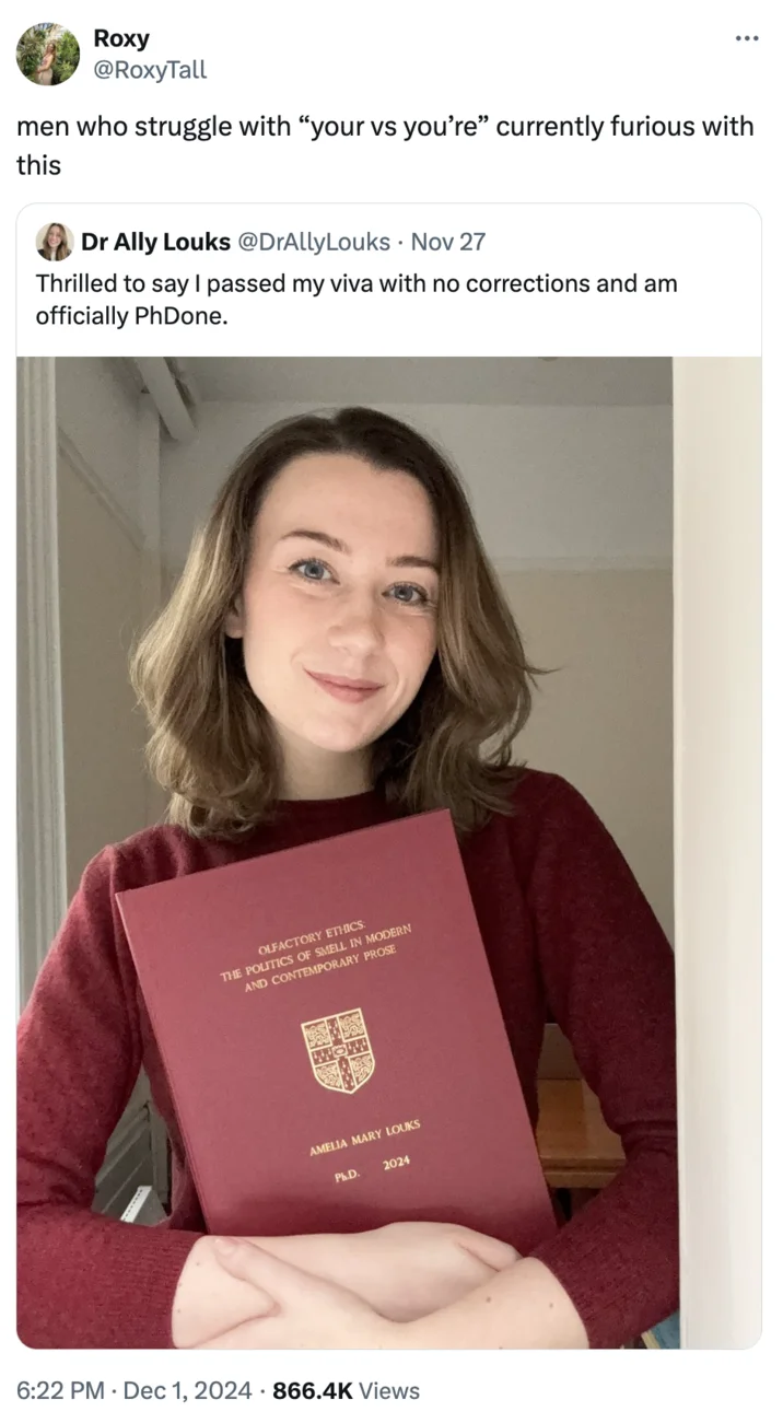 Dr Ally Louks Olfactory Ethics The Politics Of Smell In Modern And Contemporary Prose Phd Study — Twitter screenshot of Roxy's response connecting thesis to