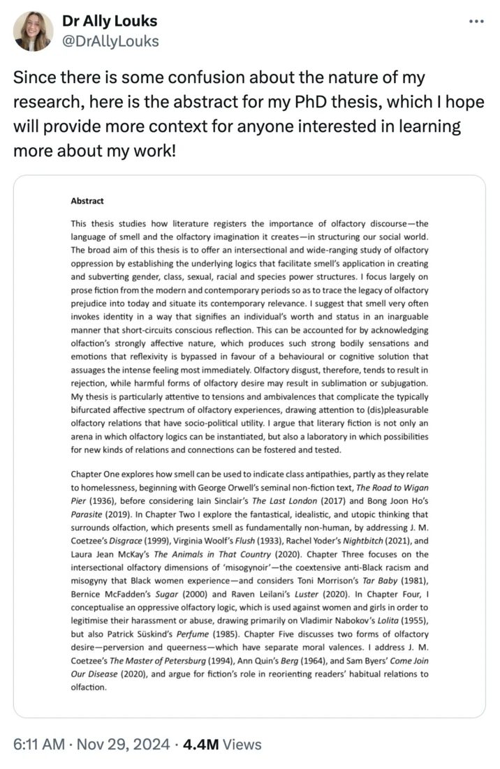 Dr Ally Louks Olfactory Ethics The Politics Of Smell In Modern And Contemporary Prose Phd Study — Twitter screenshot showing the full academic abstract of the