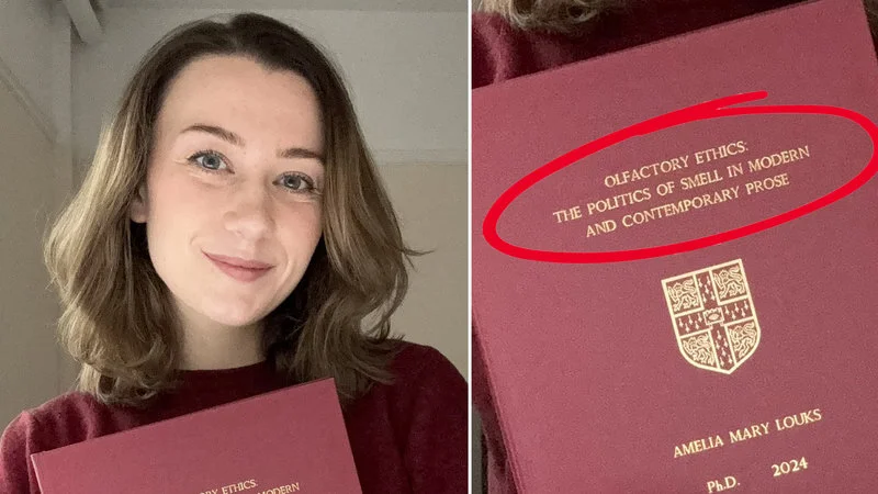 Dr Ally Louks Olfactory Ethics The Politics Of Smell In Modern And Contemporary Prose Phd Study — Editorial photograph showing Dr. Ally Louks holding thesis