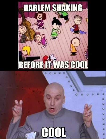 Dr Evil Air Quotes — Two-panel Peanuts Harlem Shake meme with Dr. Evil air-quoting the word Cool