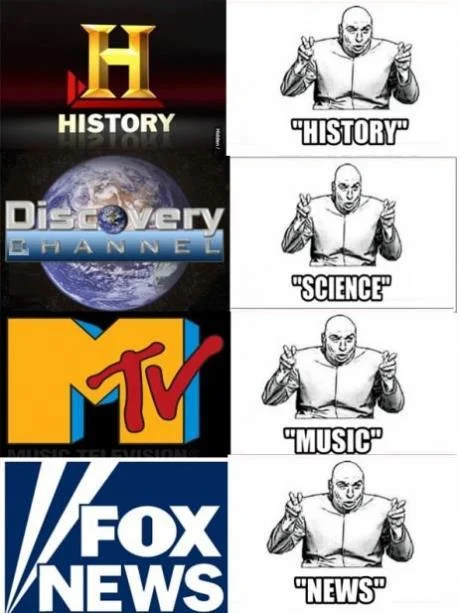 Dr Evil Air Quotes — Four-panel meme of Dr. Evil air-quoting network claims like History, Science, Music, News
