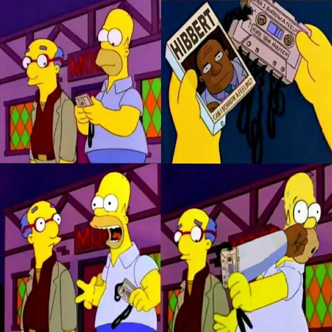 Dr Hibbert Mirror Punch — Four panel Simpsons scene of Dr. Hibbert giving fried chicken through a picture frame then punching