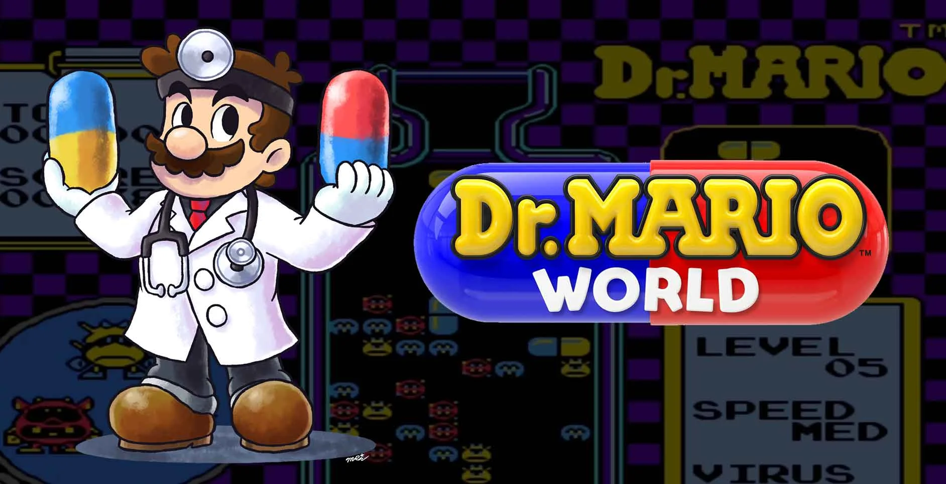 Dr Mario — Dr. Mario holding two pills next to the Dr. Mario World logo