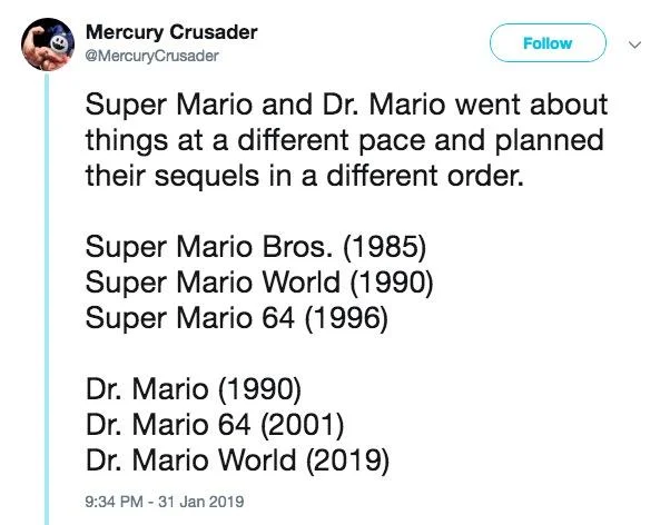 Dr Mario — Tweet comparing Super Mario and Dr. Mario game release timelines