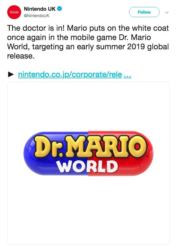 Dr Mario — Nintendo UK tweet announcing Dr. Mario World mobile release