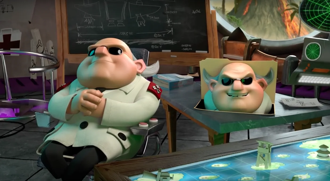 Dr. T's "I Hope No One Looks at My Plans While I'm Sleeping" — Dr. Nefario from Despicable Me sitting in his lab next to a cardboard cutout of his own face