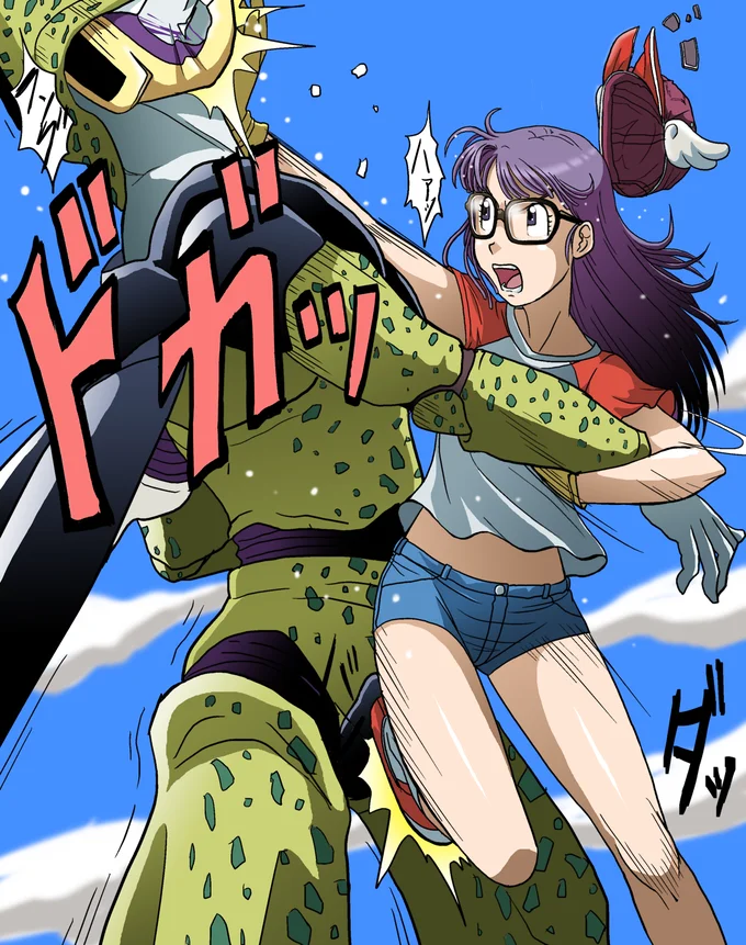 Arale from Dr Slump punching Cell from Dragon Ball Z crossover art