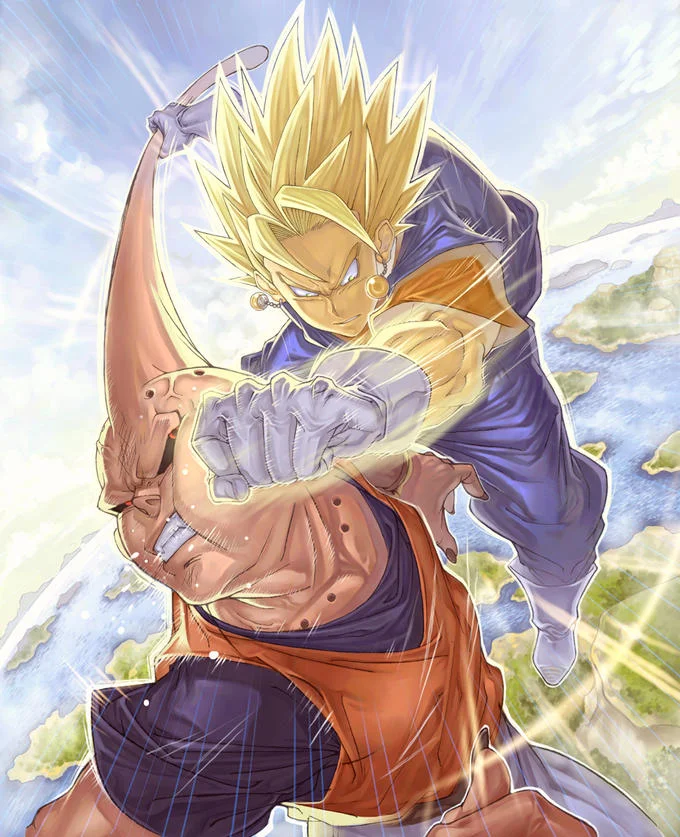 Dragon Ball — Super Saiyan Vegito fusion character in dynamic battle pose above Earth
