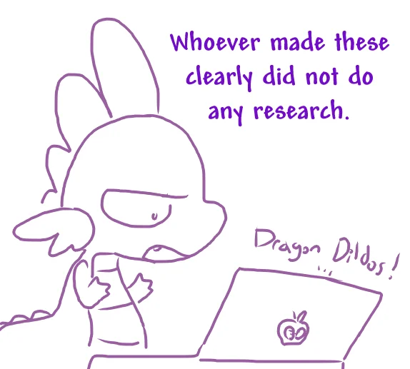 Cartoon dragon at laptop complaining about inaccurate dragon dildos