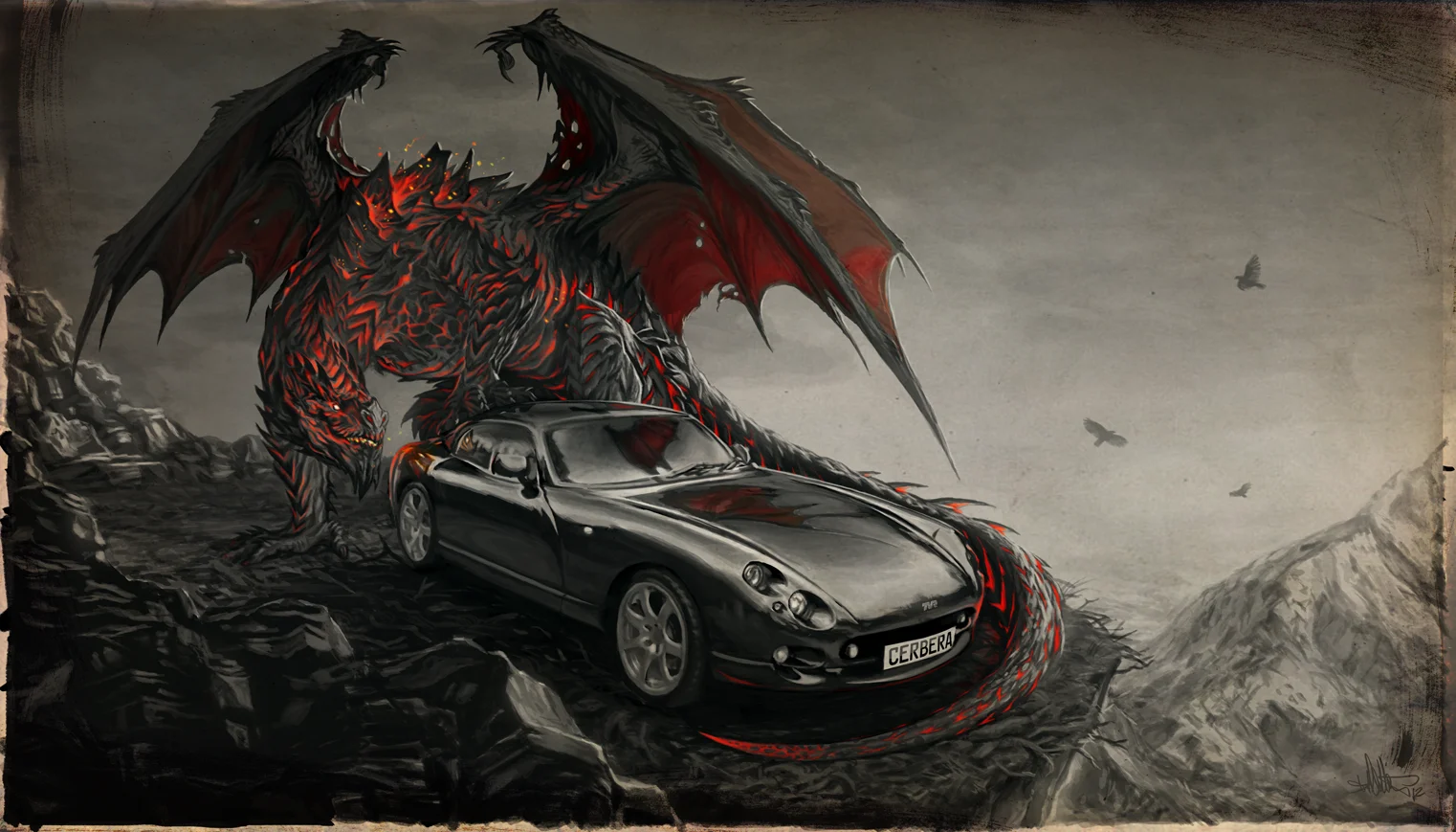 Dragons Having Sex With Cars — Digital artwork of a black and red winged dragon standing over a TVR Cerbera sports car on rocky mountain terrain