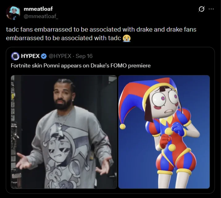 Drake's Pomni Shirt — Tweet showing Drake in a Pomni shirt next to a 3D render of the Pomni character.