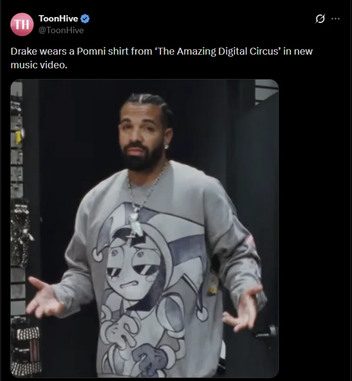 Drake's Pomni Shirt — Tweet joking about TADC and Drake fandoms being embarrassed to be associated with each other.
