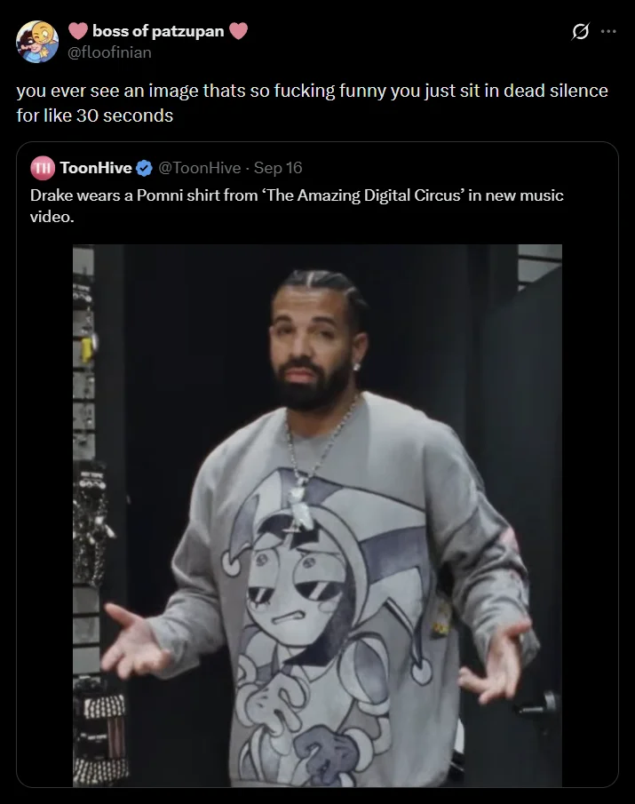 Drake's Pomni Shirt — ToonHive tweet announcing Drake wearing a Pomni shirt in his new music video.