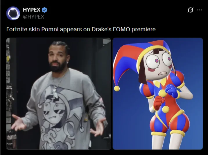 Tweet by @yoxics joking about Drake's Pomni shirt as if styled by a girlfriend.
