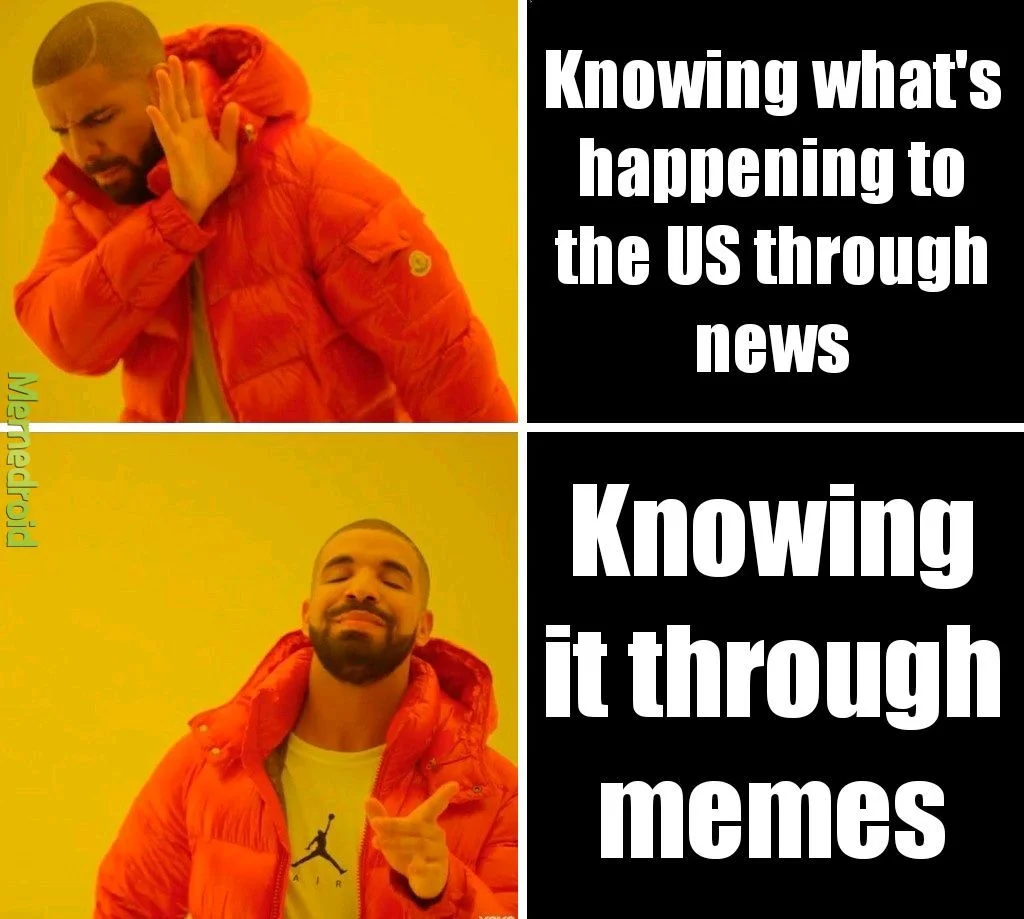 Drakeposting — Drake reaction meme comparing traditional news consumption with learning through memes.