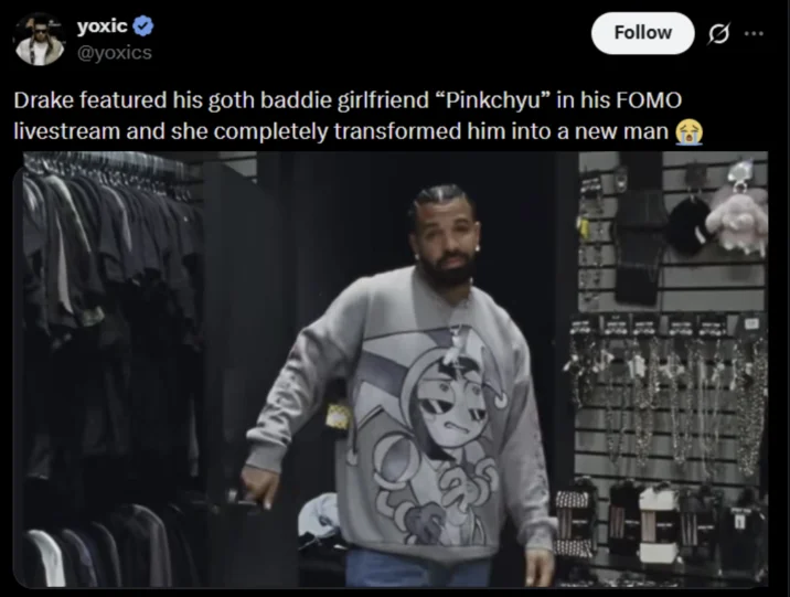 Drake's Pomni Shirt — Tweet from @yoxics joking about Drake's Pomni sweater as a goth girlfriend