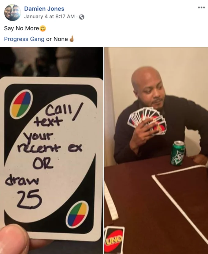 Twitter post screenshot of Draw 25 Cards meme about Progress Gang