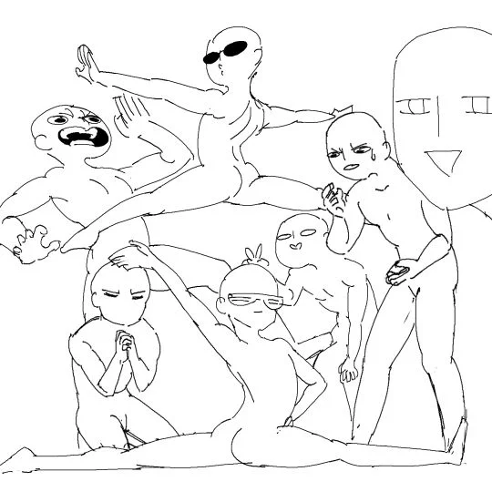 Line-art template of seven posed humanoid figures used as a Draw the Squad base