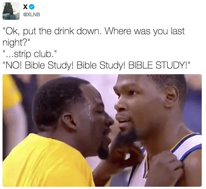 Draymond Green Talking To Kevin Durant — Tweet pairing the Draymond and Durant image with a parent-grilling-child 'Bible Study!' joke