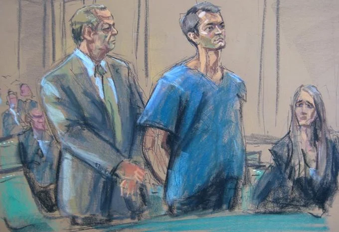 Dread Pirate Roberts — Courtroom sketch of Ross Ulbricht in a blue jumpsuit standing with his attorney