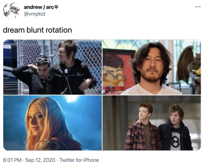 Dream Blunt Rotation Nightmare Blunt Rotation — September 2020 tweet with 2x2 grid of online personalities and celebrities rotation.