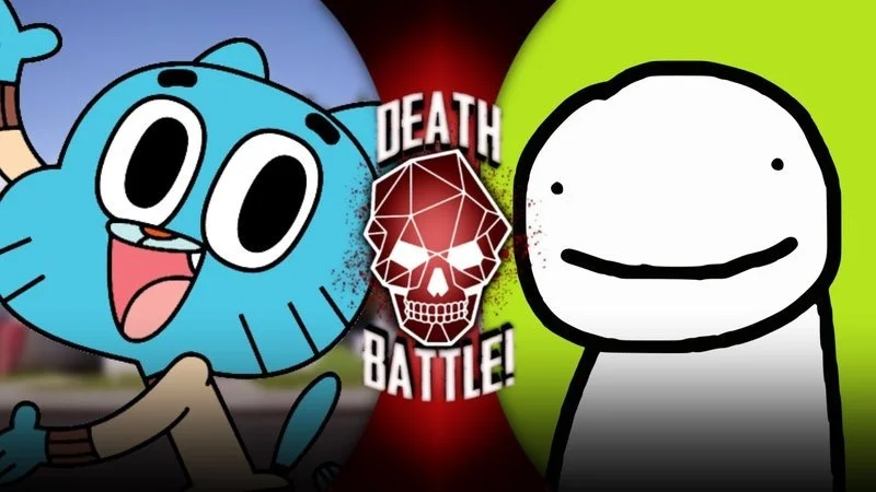 Dream vs. Gumball — Definitive Death Battle meme with Gumball on left and Dream on right separated by red skull emblem.