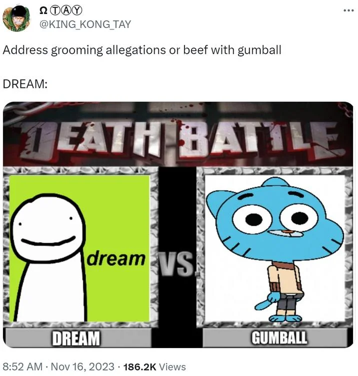 Dream vs. Gumball — Original illustration of Gumball in fighting pose versus Dream minimalist stick figure.